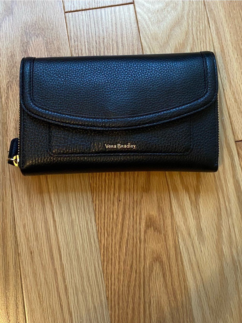 Vera Bradley Black Pebbled Leather Zip Wallet / Crossbody Wallet